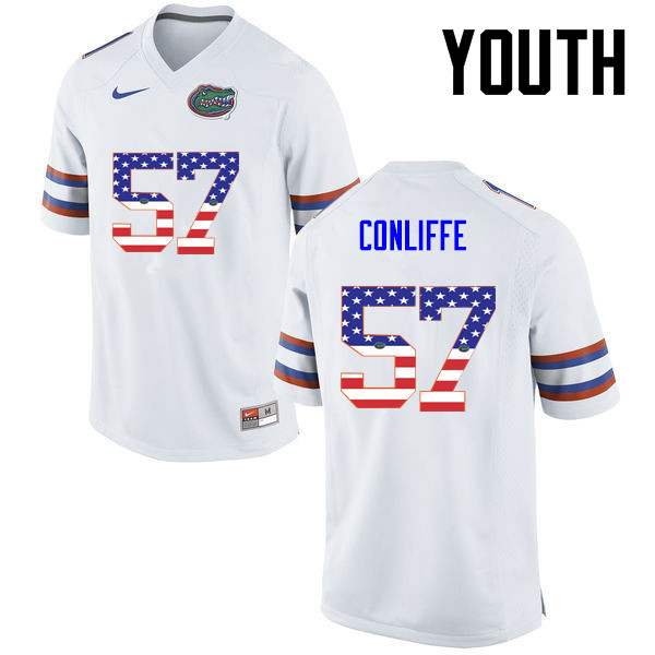 Youth Florida Gators #57 Elijah Conliffe College Football USA Flag Fashion Jerseys-White - Click Image to Close